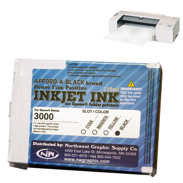 Inkjet ink for film positive printing. Dye-based ink with a pigment-based chip.