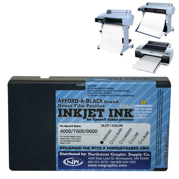 Inkjet ink for film positive printing. Dye-based ink with a pigment-based chip.