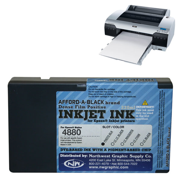 Inkjet ink for film positive printing. Dye-based ink with a pigment-based chip.