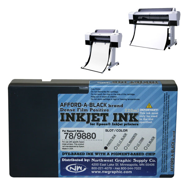 Inkjet ink for film positive printing. Dye-based ink with a pigment-based chip.