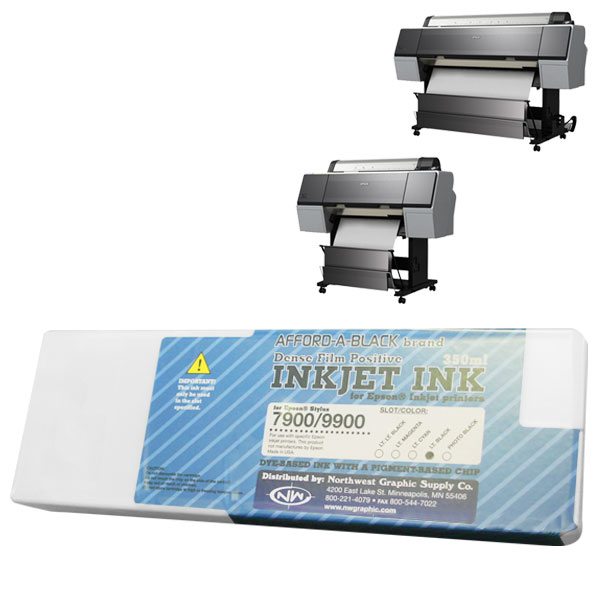 Inkjet ink for film positive printing. Dye-based ink with a pigment-based chip.