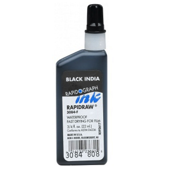 Koh-I-Noor Rapidraw black ink has a special latex binder for  high performance on drafting film, paper and cloth. The latex binder permits high carbon black concentration for optimum blackness and opacity, while maintaining free flowing characteristics. For high quality photo reproduction.