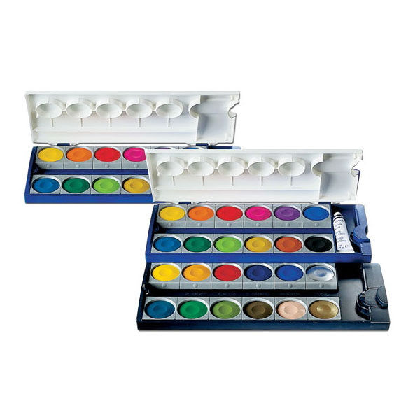 Opaque watercolors produce great intensity and brilliance, and dry to a velvet like finish. Colors can be mixed to a variety of hues without producing muddy tones. Superb coverage is assured even over the darkest surfaces. All sets  have a tube of white.