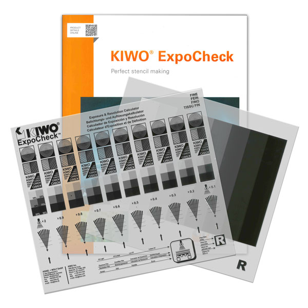 KIWO's exposure calculator separates the exposure test film from the resolution test film. The KIWO ExpoCheck consists of one exposure test film with ten neutral density filters, and three resolution test films with different levels of detail: coarse, medium and fine. The three different resolution films allow the printer to customize the exposure  test to the printing application requirements. By combining  the exposure test film and one of the resolution test films, simultaneous evaluation of exposure and resolution is achievable.