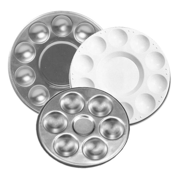Circular palettes with deep wells for colors and a center mixing space. In both plastic and aluminum, available in 5.5" diameter with 6 wells and 7.5" diameter with 10 wells.