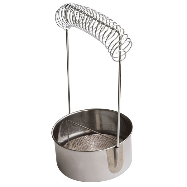 The spring top brush washer features an aluminum cup for holding solvent and a handle with a spring around it that holds brushes by the handle. The brushes are suspended in the solvent for soaking, or above for storage and drying.