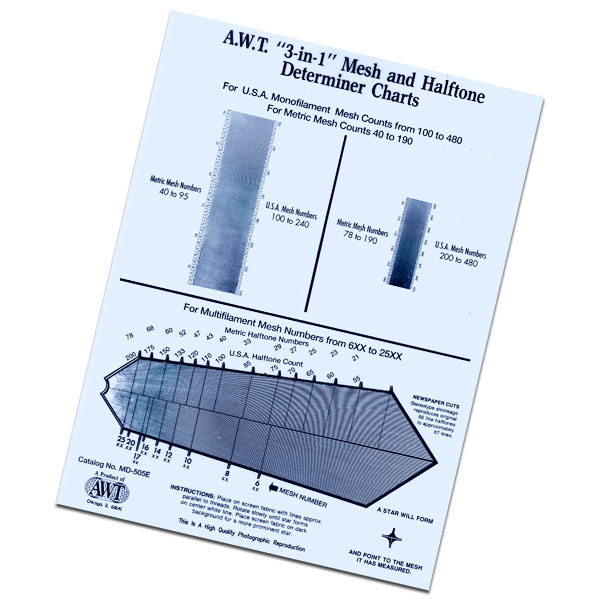 Stop guessing which mesh count in on your frame. Easy to read both U.S. and metric mesh numbers of monofilament and multifilament fabric, either from roll or stretched on frame. Two different scales are used for monofilament meshes, one for USA mesh counts from 100 to 240, and metric counts from 40 to 95; the other for those USA counts from 200 to 480, and metric counts from 78 to 190. Multifilament chart determines mesh counts from 6XX to 25XX, USA halftone counts from 55 to 200 and metric halftone numbers from 21 to 78.