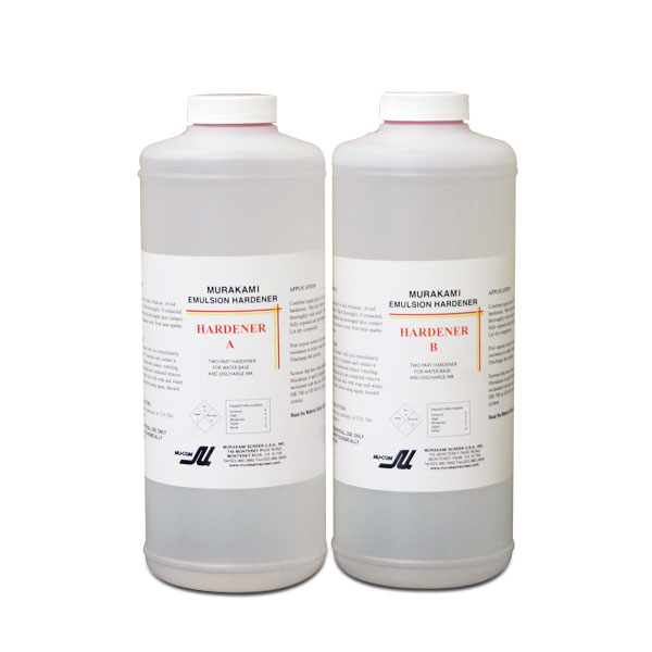 Hardeners A&B provide ultimate water resistance for waterbase and discharge ink systems.  Mixed 1:1 and applied to the stencil after exposure, development, and drying.  If emulsion is used as a block out it should be exposed prior to applying Hardeners A&B.