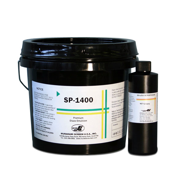 SP-1400 is Murakami's newest emulsion. It offers excellent value and performance with exceptional resolution, easy coating and reclaim and can print all ink systems, plastisol, waterbase and discharge inks. Use hardener for water base and discharge inks.