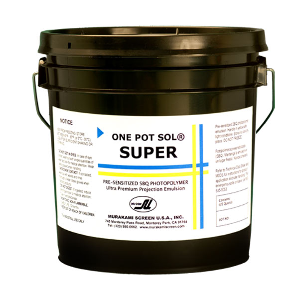 One Pot Sol C is Murakami Screen's patented Premium SBQ sensitized direct emulsion developed for critical close tolerance applications.  Designed for reproducing  very fine detail and halftones and is resistant to solvents.  Exposure is extremely fast - 3 to 5 times faster than diazo type emulsions.  Exhibits exceptional resolution and definition qualities due to the unique sensitizer, making this emulsion capable of reproducing the finest artwork.  Due to balanced solids content, fewer coats are required for optimal build-up.Recommended for all inks except water soluble. It is extremely important to clean and degrease the screen mesh before the application of emulsion.