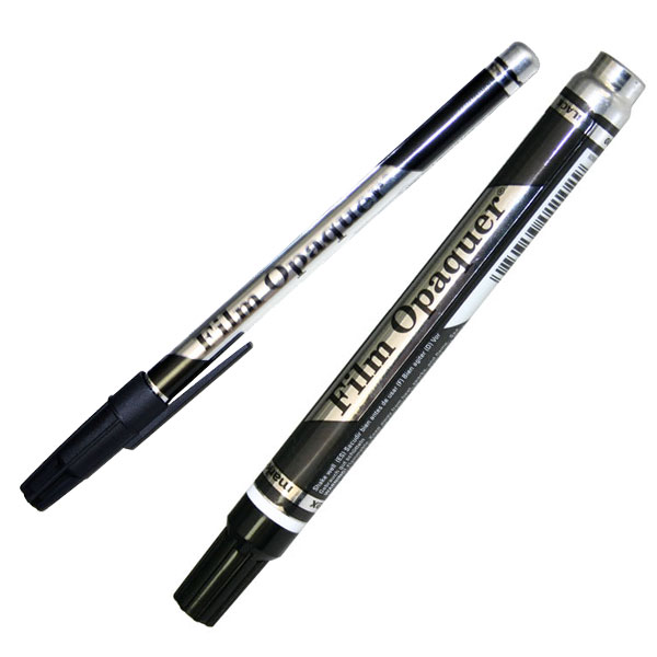 Mark-Tex has developed a line of film opaquing pens that prove indispensable in film production and graphic arts. Created for use on film negatives and positives, these pens deal with problems of scratches, pin holes, cut marks and surface imperfections. These black ink markers are available  in fine and bullet tip pens. Ink is activated by a piston pump system.