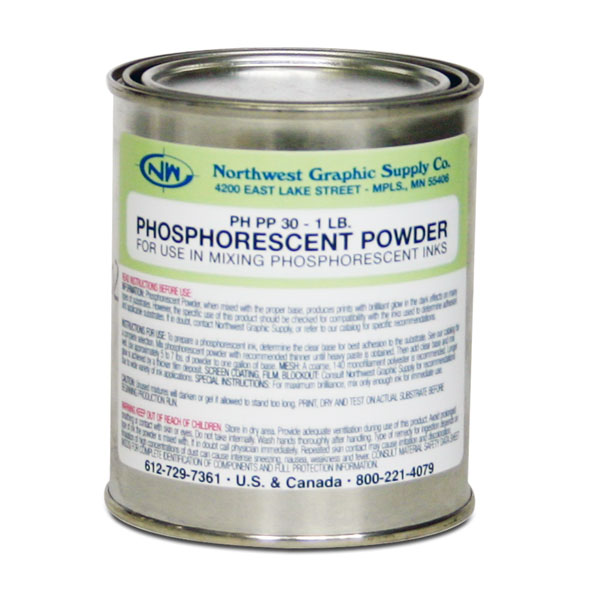 Phosphorescent Pigments (Glow-in-Dark) produce unusual "glow-in-the-dark" effects.  PP-30 is a light green pigment in the daylight with a green after glow; mix 5-7 lbs. per gallon with clear base. Refer to individual ink line pages for correct base for use. Coverages up to 300 square feet per gallon through a 140 monofilament mesh. The length of time the after glo lasts depends on the amount of pigment deposited. PP-30 is a compliance pigment.  Store pigments only in glass or polyethylene containers and use a glass or wood stirrer as metal affects the glow. (30 micron) See the "Read More" for mixing instructions. Sold in 1 lb. containers.