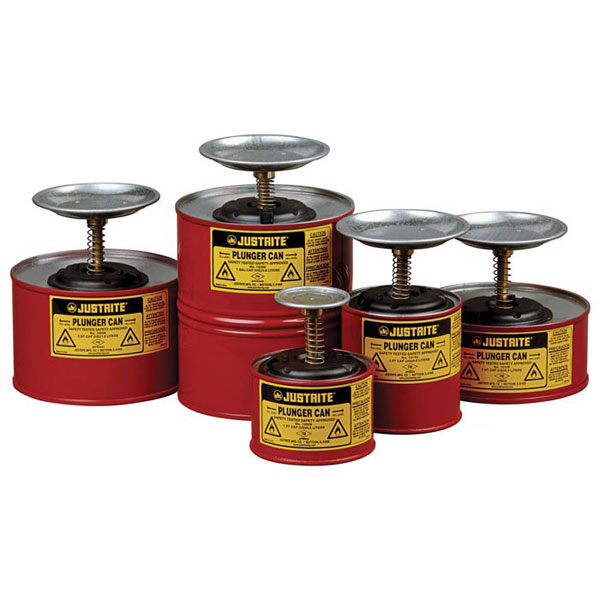 No need to expose dangerous, hazardous chemicals to the work environment. Plunger dispenses liquid into a pan for moistening rags and cloths. The surplus immediately drains from the pan back into the can. The 7-1/4" diameter red body of 24 gauge steel is lead coated and offered in quart, 1/2 gallon and gallon sizes. UL listed.