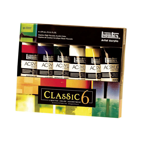 A starter set that contains (6) 2 oz tubes (1-1/8 x 5") of Liquitex colors; one of each of the following:<br /><br /> Cadmium Yellow Light<br /> Napthol Crimson<br /> Phthalo Green<br /> Ultramarine Blue<br /> Mars Black<br /> Titanium White