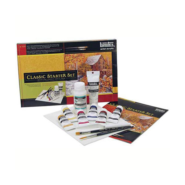 The fundamentals of acrylics in one set. Conveys the basic techniques with three easy to follow beginning projects. Includes the following:<br /><br /> (6) .75 fl oz (22 ml) tubes of acrylic paint<br /> (1) 2 fl oz (59 ml) tube of acrylic Titanium White<br /> (1) .75 fl oz (22ml) jar of gloss polymer medium<br /> (2) brushes<br /> (1) palette knife<br /> (1) full color, 12-page instruction booklet