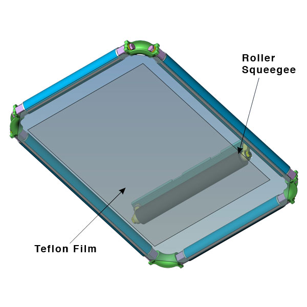 After flashing, it is entirely probable that you have fibers  sticking up through the ink. Use the roller squeegee and a  piece of Teflon film to flatten out the image and improve the smoothness of the print. <BR><BR> Use of the Roller Squeegee with Teflon film (now included) following a flash has numerous benefits. That is, the roller  squeegee will provide a very smooth and uniform hand to the  final product. Consider how Teflon film is used in association with a heat press. Price includes a piece of Teflon film. <BR><BR> Roller squeegees are available for most automatic press brands. Inquire for further pricing and information. <BR><BR> We all know the challenges presented by excess lint on the garments that we print on. When the catcher at the end of the dryer tells you that there's a big piece of lint on the blue screen in the letter Q, it means 30 imperfect shirts have been produced. Stopping your machine means lowering your production rates. Hence, de-linting screens are employed. Place a screen on your first head that has a light  tack spray applied to it. Other tacky surfaces are also available. When the roller squeegee is used with this de-linting screen, it picks up excess lint off the garment. <BR><BR> Flattening Out Garments: before printing, use a flash cure at one station and then a roller squeegee at the next. This will completely flatten out the garment and get the fibers to lay down. Other Possible Uses: As an embossing tool, the Roller Squeegee can be used in association with textured surfaces applied to your screen to produce some very unique effects. <br><br> <h3>click "Read More" to see a sample comparison</h3>