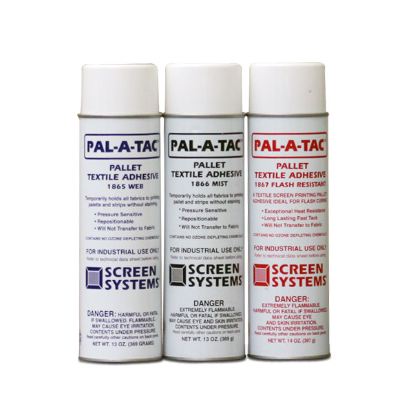 <p>Environmentally Friendly Palette Adhesive! Pal-A-Tac is a quick drying translucent, web spray which provides temporary adhesion for holding textile fabrics to the printing palette and is ideal for fleece fabrics. Strong and  waterproof, Pal-A-Tac assures accurate registration and excellent print quality. It will not transfer to fabric nor will it allow shifting of the material(s) during the screen printing process, making it ideal for heavier type fabrics. Printing can immediately follow application of Pal-A-Tac as it dries instantly on the palette. After printing, fabrics strip away quickly without staining. Surfaces sprayed with Pal-A-Tac may accumulate dust and lint, but it is easily reactivated with water using a lint free cloth. Applications  to flexible stock permits folding. Available in 12 oz net (20 oz. gross) aerosol cans, 12 per carton. Pal-A-Tac contains no methylene chloride</p>