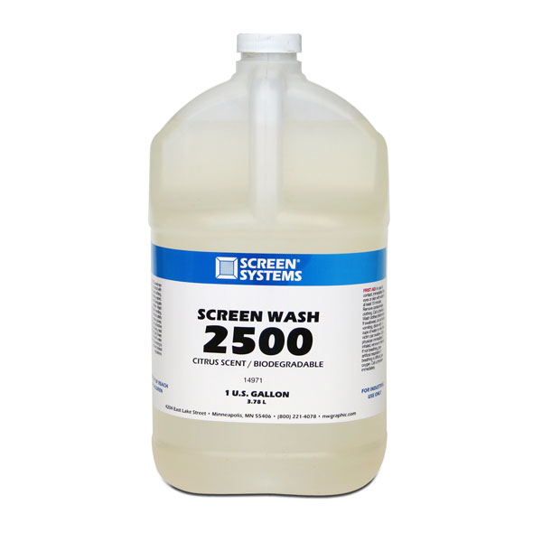 Screen Systems 2500 is a safe, water soluble,  biodegradable solvent for the cleaning of almost all residual inks from screens and tools. It completely dissolves inks,  even if they have thoroughly dried in the screen. Drys slowly providing long working time. Removes solvent-based, UV, Plastisol inks, and uncured solder masks. Contains no chlorinated solvents or chelants and can be put down the drain in accordance with local regulations.