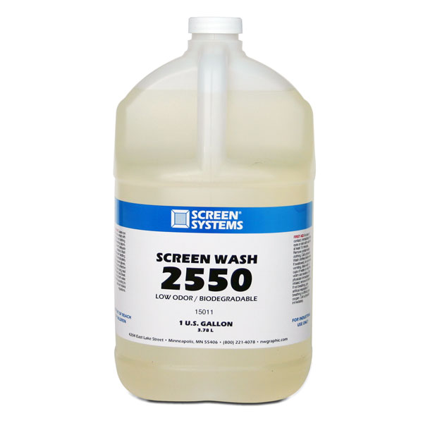 Screen Systems 2550 is a safe, biodegradable solvent for the cleaning of almost all inks from screens and tools. This is an improved version of our earlier product that completely dissolves inks, even if they have thoroughly dried in the screen. Removes solvent - based, UV, Plastisol inks, and uncured solder masks.<br><br> In its original form, Series 2550 Screen Cleaner is biodegradable, though users should be cautious when using inks containing hazardous pigments or plasticisers. Screen Systems 2550 is identical to 2500 without the citrus odor. Recommended for use in the Screen Systems Automatic Screen Washer where citrus odor undesirable. Biodegradable, water soluble.