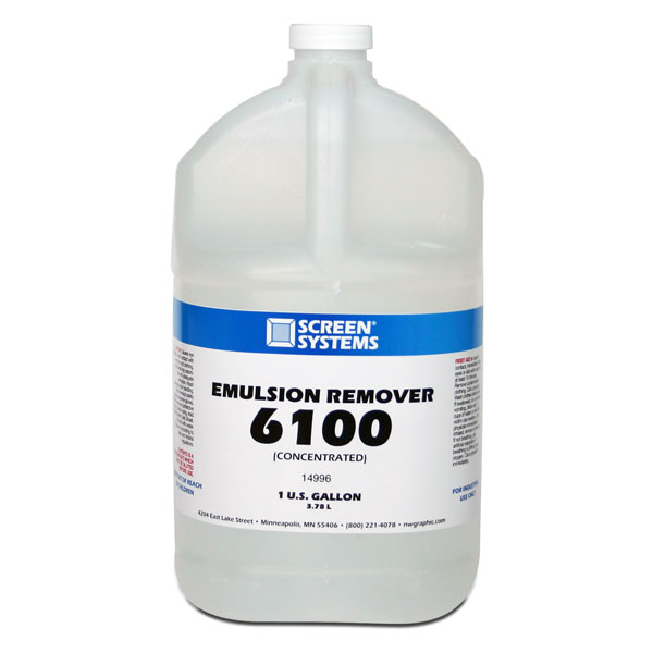 6100 is designed to be mixed 3 to 1 with water which saves shipping costs. This is a liquid which is applied to screens to dissolve the emulsion. It can be sprayed or brushed onto a dry screen and allowed to set for 5 minutes. Then, a pressure washer should be used to remove any emulsion residue. Ideal for tank use without heat. Available in square, dispensing, 5 gal cubes.