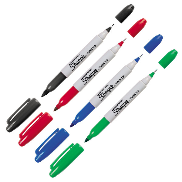 Features a regular tip in one end and an ultra fine tip in the other. A water resistant marker for writing on almost any surface. A bullet tip on the regular model or a fine plastic (0.4mm) tip on the Extra Fine Sharpie, mark boldly on metal, glass, plastic, foil, rubber,  waxed paper, etc. The high intensity are also used for overhead projection. 12 per box.