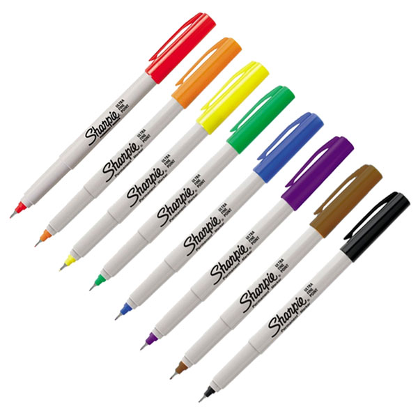 A water resistant marker for writing on almost any surface. A bullet tip on the regular model or a fine plastic (0.4mm) tip on the Extra Fine Sharpie, mark boldly on metal, glass, plastic, foil, rubber,  waxed paper, etc. The high intensity are also used for overhead projection. 12 per box.