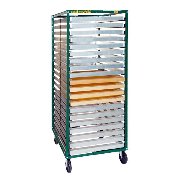 <p>A fully adjustable screen rack designed to hold 25 frames  from 15" to 46" in width. The sturdy storage system  has 3" rubber casters and has angled frame supports to minimize contact to coated screens. Ships UPS at 40 lbs.<br><br> <p>The Rollin' Screen Racker provides a safe place for drying and storing screens with the convenience of mobility.  It features adjustable width, easily accommodating all screen frames. The deep shelves can support any length screen.<br><br> Costs are reduced with the Rollin' Screen Racker because a quantity of screens can be processed in one area, then easily moved to another area for drying. Screens can be in multiple stages of processing, including storage, on different Rackers.<br><br> Production is better organized when screens are stored in a mobile rack.</p> <BR> <p style=color:red>$25.00 packing fee REQUIRED, please add to cart below.</p>