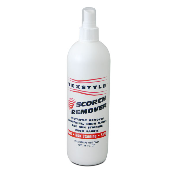 <p>TEXSTYLE Scorch Remover, instantly removes light to  medium scorching from tees and sweats. It is simply sprayed  on the scorched areas and then the garment is run back through the dryer. It even works on sun discoloration. Its that simple. No more lost $$ due to scorching.</p>