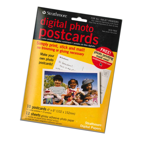 Easy as 1-2-3! Simply print your photo on the adhesive digital photo paper, peel off the backing and position on the preprinted postcard. No trimming necessary. Includes 12 sheets of adhesive digital photo paper and 10 postcards.