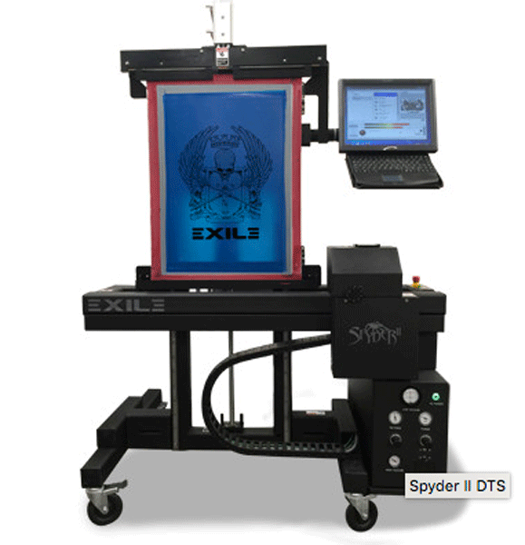 <p>EXILE is pleased to introduce the radically improved Spyder II Direct-to-Screen System. We've effectively doubled  the speed by introducing bi-direction printing, while at the same time improving dot quality. Updated electronics ensure reliability, while the new touch screen control panel offers  even more flexibility for job control.<br><br> With the Spyder II, EXILE offers our customers a variety of choices and configurations to meet the needs of their demanding screen room requirements.<br><br>The Spyder II uses a phase change inkjet head combined with a high-density  thermal wax ink, to apply artwork directly to a coated screen. This eliminates the film mask normally used, streamlining the entire screen preparation process.<br><br> The Spyder II digitally places the image with absolute accuracy. This eliminates human error with manual placement of film separations on multiple screens. That translates into less press setup up time, and more jobs run per day. <br><br>At less than 1 minute per screen, the Spyder II will  keep up with the busiest of screen rooms. <br><br>No vacuum  is required for the exposure, and the wax ink is water soluble allowing for easy wash-out.</p>