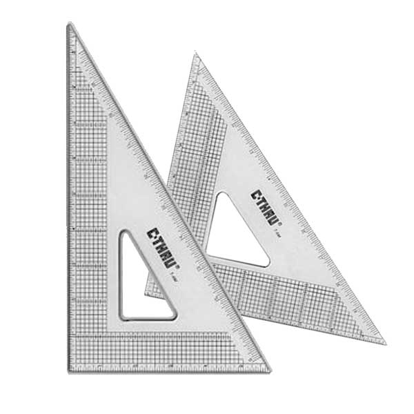 Clear transparent triangles of .08" acrylic with square edges. The triangular shaped open centers have beveled finger lifts. Note: 16" and 18" triangles are of .10" acrylic.<br><br> How to Order:<br> A 60 degree triangle is measured on the longest cathetus, LC, and a 45 degree triangle is measured on the length of one of the two equal sides, C. Two triangles are considered a set when the LC for a 60 degree is two inches longer than C for a 45 degree triangle.<br><br> Click "Read More" for sizing and inking edge diagrams.