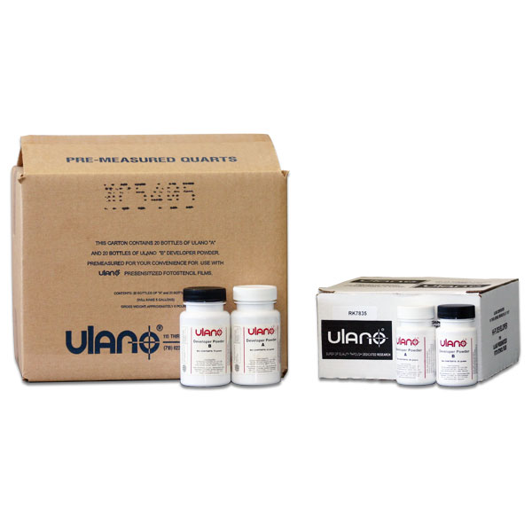 A & B Developer Powders are pre-measured for mixing pints, quarts, or gallons of developer solution. As a user of Ulano Indirect System Photographic Films, A & B Developer Powders remain your best assurance that the developing step will be a constant in your stencil processing.