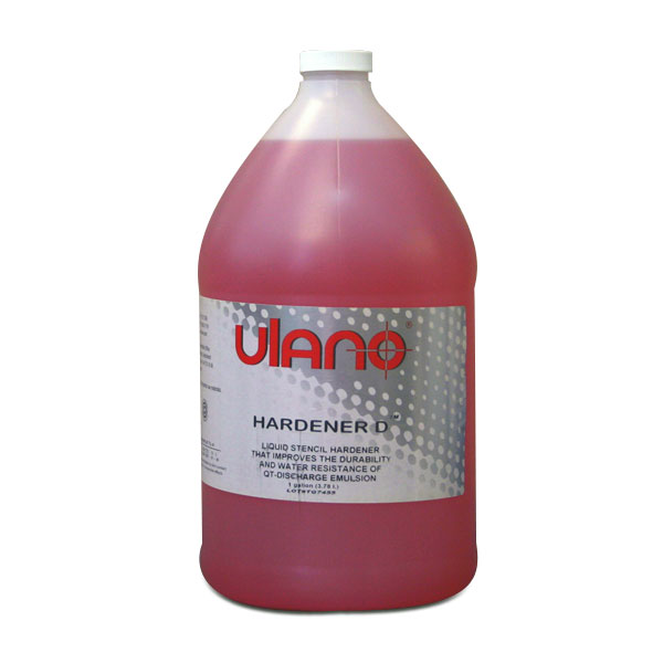 Hardener D is a post-exposure and processing, liquid screen stencil hardener which improves the stencil durability of textile direct emulsions, including . For industrial use only.<br><br>Hardeners penetrate the stencil and form an additional chemical bond with the mesh that stencil removers have difficulty breaking. Ulano hardeners can be used with other textile emulsions, but will make stencil removal more difficult and may embrittle the stencil.