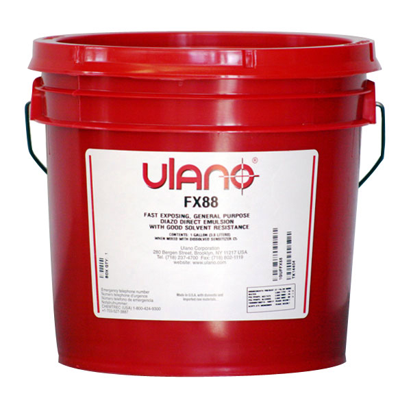 Fast exposing emulsion for high volume production needs or weaker light sources. Outstanding printing quality and good solvent resistance. FX88-SR has extraordinary solvent resistance couped with the exposure speed and printing quality of FX88. Dye supplied separately with FX88-SR.