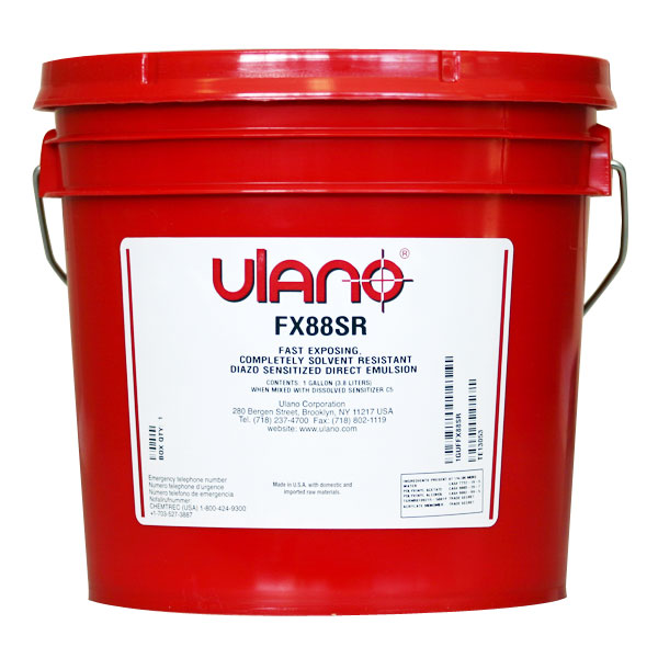 Fast exposing emulsion for high volume production needs or weaker light sources. Outstanding printing quality and good solvent resistance. FX88-SR has extraordinary solvent resistance couped with the exposure speed and printing quality of FX88. Dye supplied separately with FX88-SR. Available in blue and clear.