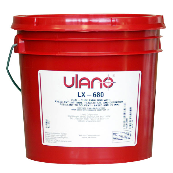 A high quality, high solids dual-cure emulsion with superb resolution, exposure latitude, edge definition and resistance to solvent and UV inks.  LX-680 provides superior print quality and very fast drying.