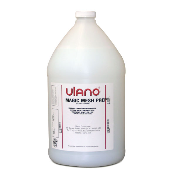 Magic Mesh Prep is a ready to use liquid conveniently combining the properties  of a screen degreaser, wetting agent, and antistatic treatment. It improves the flow characteristics of liquids, facilitating more uniform coating of direct emulsions and the easier transfer of ink, improving print quality. The improved wetting of mesh also promotes the adhesion of indirect and capillary film systems. It also improves the durability of stencils for longer print runs. The antistatic properties reduce whiskering and feathering of ink when printing under low humidity conditions.