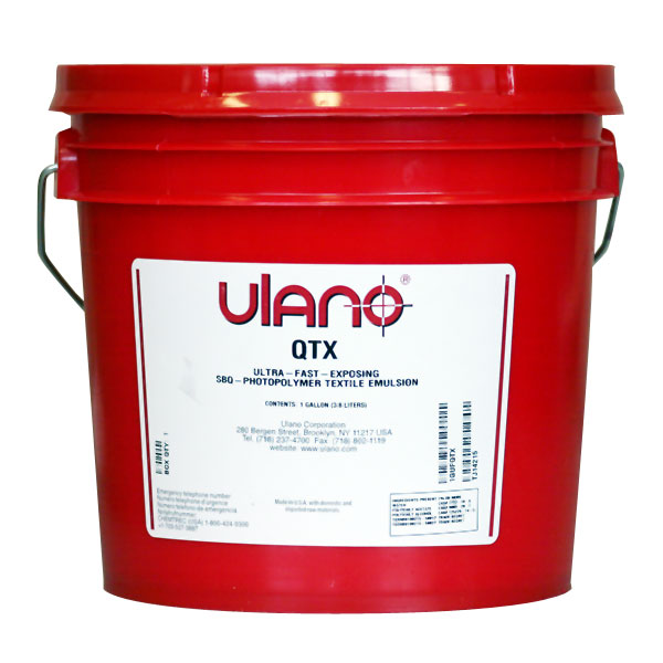 QTX is a ready-to-use, ultra-fast-exposing photopolymer direct emulsion formulated for imprinted sportswear printing.  QTX's high solids content (46%) provides superior  coating properties, better bridging of coarse mesh, and fast drying. QTX resists plastisol and water-based textile inks, is extremely durable and reclaims easily. Do not subject to strong solvents during printing or washup.
