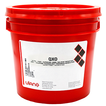 QXO is a ready-to-use, fast-exposing SBQ-photopolymer direct emulsion formulated for imprinted sportswear printing. It resists plastisol inks-including newer, more aggressive, post-phthalate plastisols-and most washup solvents, making it easy to reclaim in automatic equipment or by hand. It is formulated with a "special technology" that reduces light scattering-the major cause of loss of resolution. With QXO, it is possible to use less costly white mesh without the closing up of fine lines and details. Despite its anti-halation properties, QXO is ultra-fast-exposing. It is especially efficient with fixed or scanning LED units, as well as with fluorescent tubes or other low intensity light sources, or in shops that need high stencil making throughput. QXO has high viscosity (6,000 - 8,000 centipose) that improves control when coating screens by hand. Its high solids content (44 - 46%) results in better mesh bridging--especially on coarse mesh--good edge definition, and fast drying. QXO stencils are durable, will not become tacky under high humidity conditions, and have excellent wet strength and exposure latitude. QXO reduces stencil-making time-in coating (because of its high viscosity), drying (due to its high solids content), and exposure (due to its high photo-sensitivity despite its "anti-halation properties").