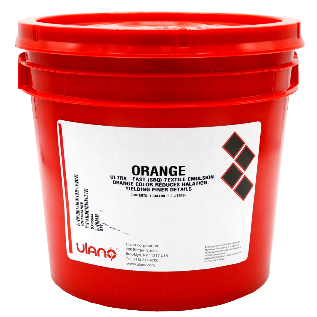 Orange is a ready-to-use SBQ-photopolymer direct emulsion formulated for imprinted sportswear printing. It is formulated with a "masking color" that reduces light scattering, the major cause of loss of resolution. With Orange, it is possible to use less costly white mesh without the closing up of fine lines and details. Despite its anti-halation color, Orange is ultra-fast-exposing! It is perfect for shops with high stencil making throughput, as well as shops with low-intensity light sources. Orange has high viscosity (6,000-8,000 centipoise) that improves control when coating screens and makes it a good choice for coarse mesh. Its high solids content (44 - 46%) results in better mesh bridging and edge definition, and fast drying. Orange resists plastisols, most washup solvents, and some water-based textile inks, and it is easy to reclaim.