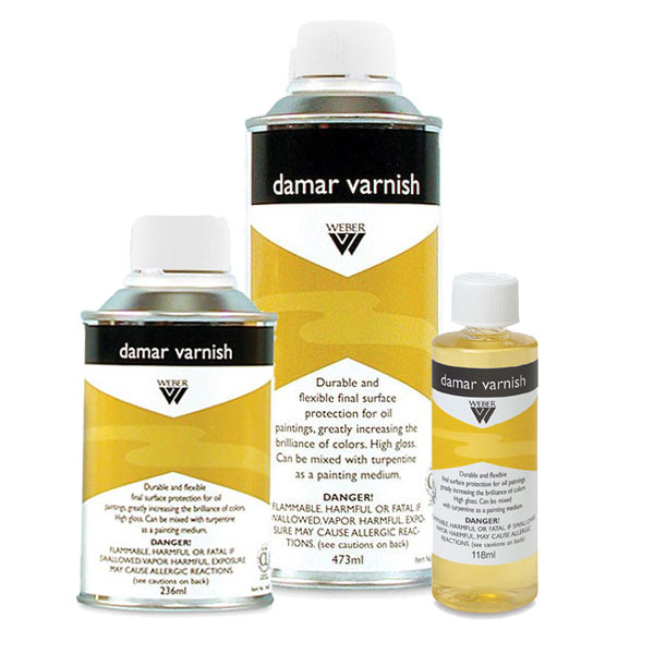 Damar varnish is made from a natural gum from a tree found in the Maylay States. It has little tendency to yellow, and produces a hard film (although considerably softer than copal) that is easily removed with turpentine. Damar remains  colorless longer than other natural varnishes. Also available in a heavy viscosity that is helpful in formulating mediums.