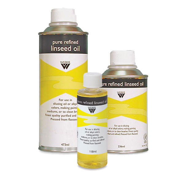 Artist grade linseed oil is a pale golden yellow colored oil  that is extracted from the seeds of the Flax plant. This oil has been highly purified, but not processed by heat. Linseed oil can be used by itself; however, it is normally used in combination with other mediums and solvents. Linseed oil lowers viscosity of oil paint but does little to  alter the "shortness" of tube oil paint. The oil does produce a tough, flexible paint film that is not likely to crack.